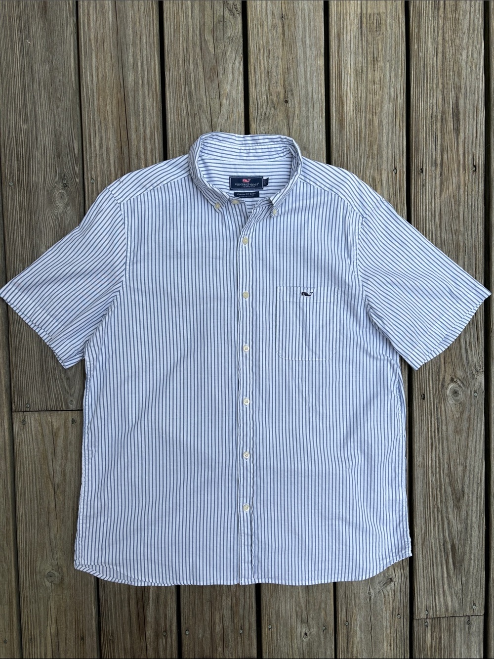 Vineyard Vines Mens Blue White Striped Classic Fit Short Sleeve Shirt Size L